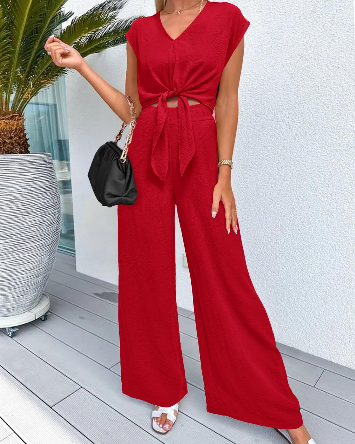 PRETTYGARDEN Women's Casual Summer Outfits 2 Piece Cute Cap Sleeve Tie Front Tops Loose Fit Pant Fashion Airport Outfit(Solid Red,Medium)