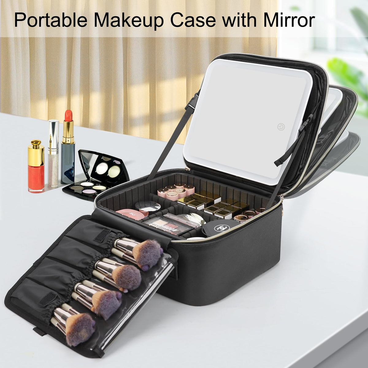 Relavel Travel Makeup Bag With LED Mirror, Cosmetic Train Case with Light up Mirror, Portable Makeup Artist Organizer Bag with Adjustable Dividers, Makeup Brush Holder Storage, Black