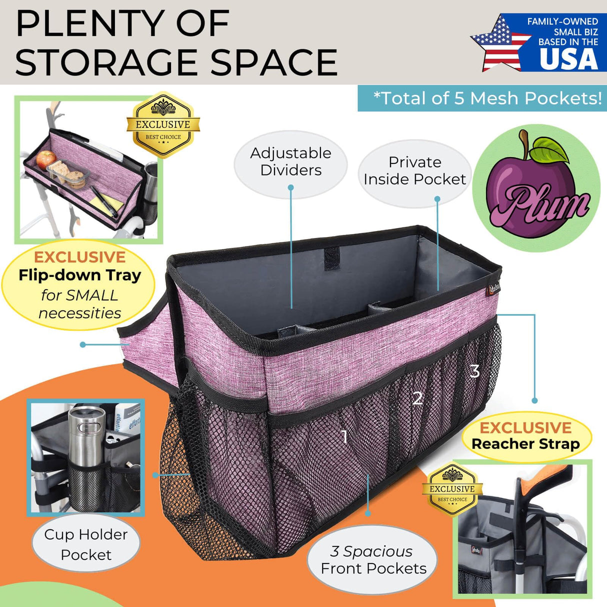 Walker Basket for Folding Walker with Flip-Down Walker Tray | Handy Cane/Reacher Strap & Cup Holder | Walker Bags for Folding Walker with Wheels, Organizer for Walker Accessories for Walker CaddyPlum