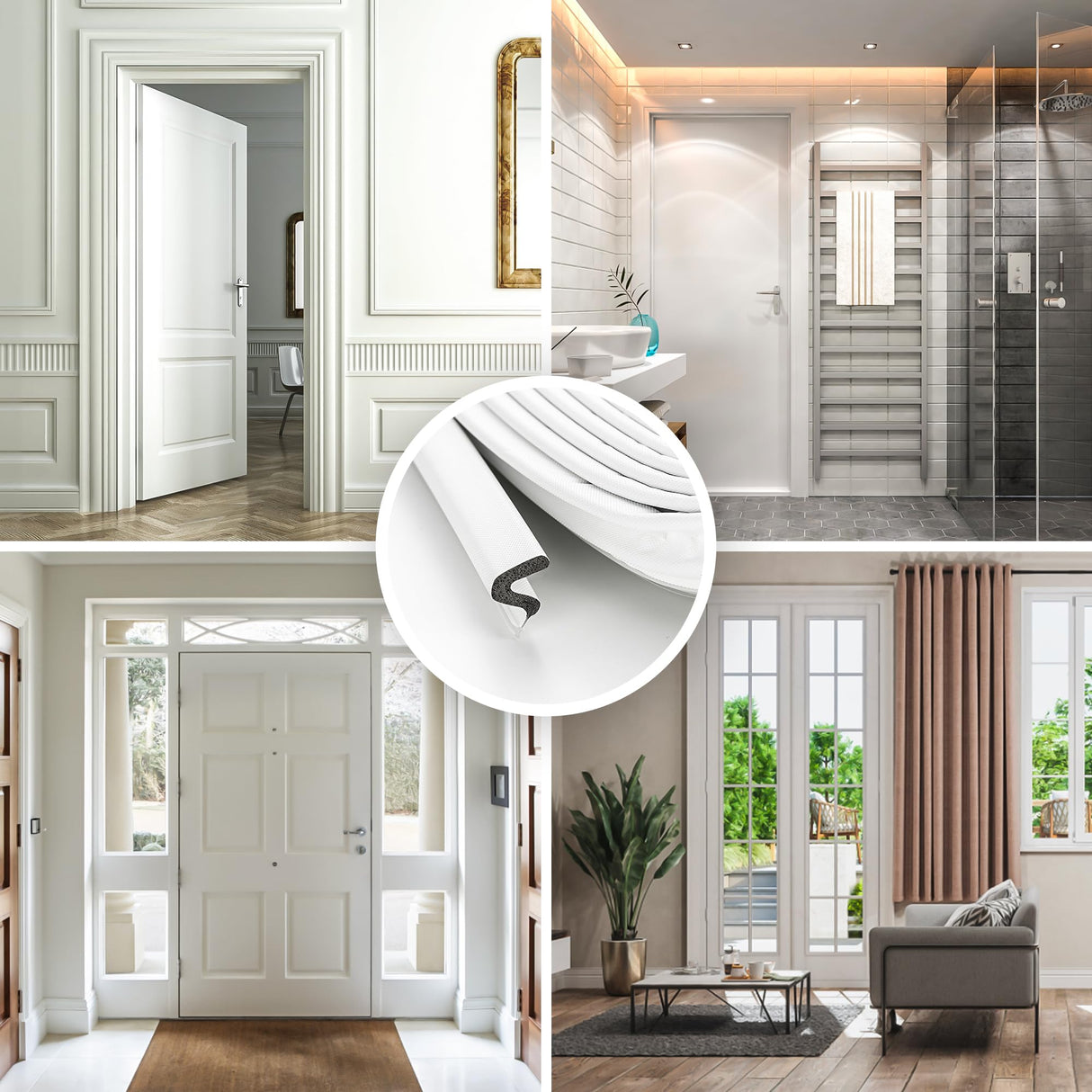 Weather Stripping Door Seal Strip - Soundproof Q-Shaped Foam for Exterior Door Frame, Large Gap Seal, Noise Cancelling, Easy to Install (White, 40FT)