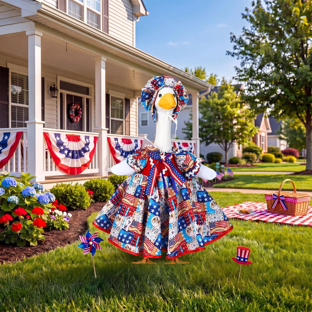 Abbylike 4th of July Porch Goose Outfit Patriotic American Flag Red Blue White Lawn Goose Clothes Fits 23 Inch Cement Statue Geese Costume for 250th Independence Day Outdoor Garden Yard Patio Decor