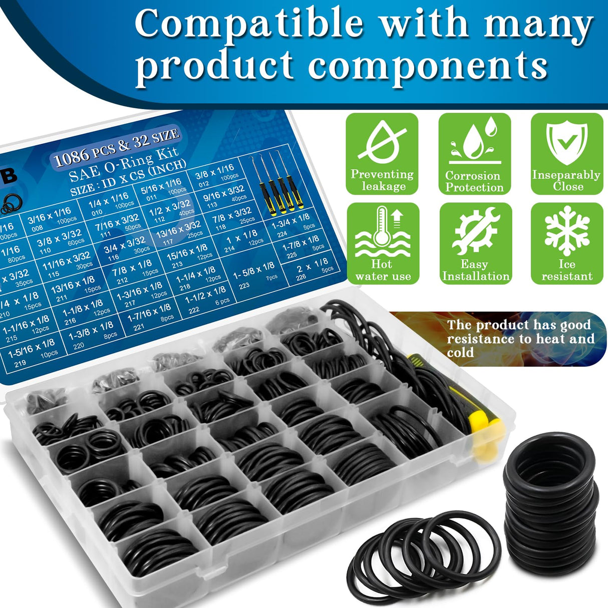 ZDBB 1086 Pcs SAE Standard O Ring Kit Nitrile Rubber O-Rings Assortment with O‘Ring Pick for Hydraulic Automotive Plumbing Faucet Seal Repair 32 Size Inch ID:1/8”-2”