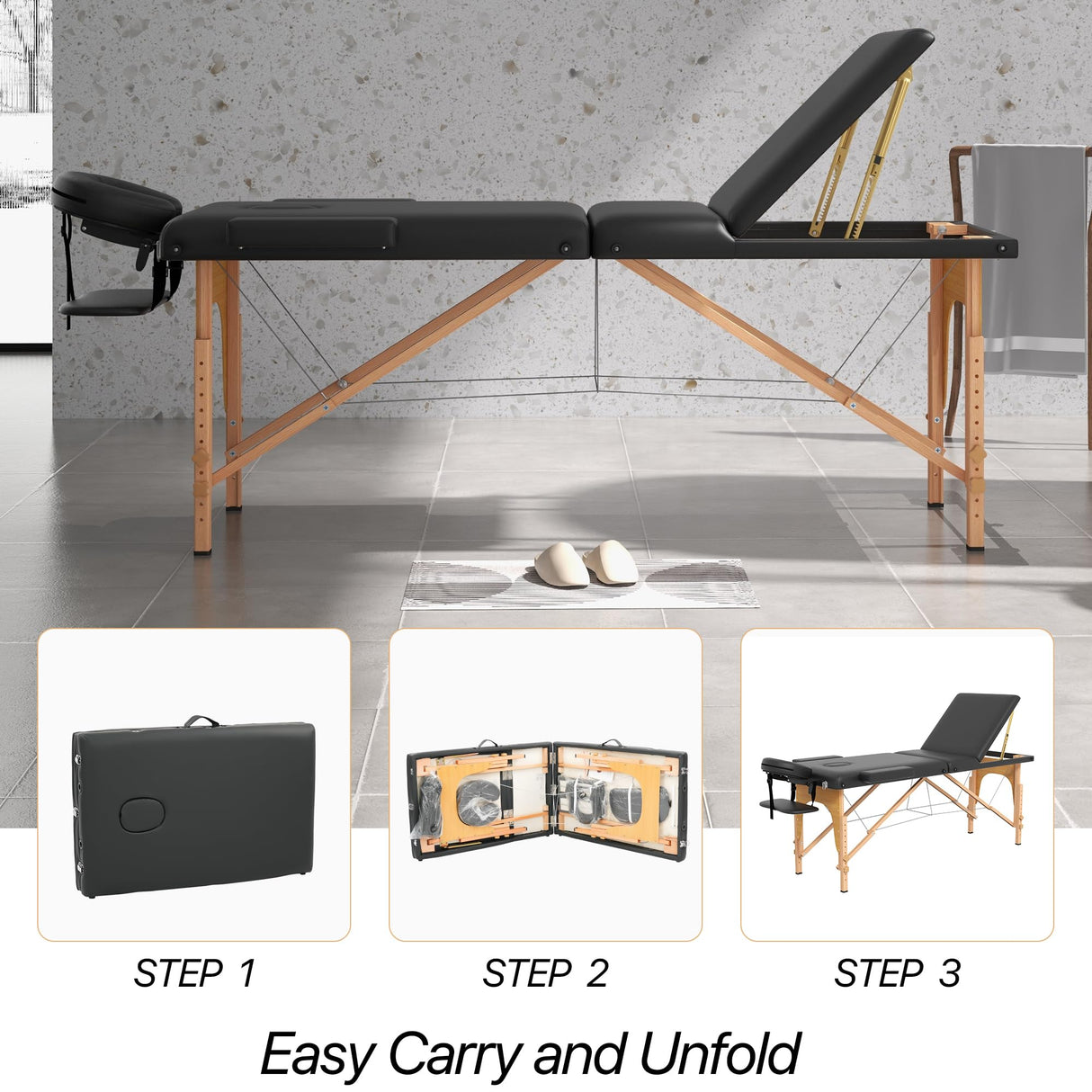 HENGJIANYI Massage Table Massage Bed, Portable 3 Section Foldable Tattoo Bed, Height Adjustable Lash Spa Bed with Face Cradle, Home Light Weight Facial Salon Bed with Wood Frame, Black