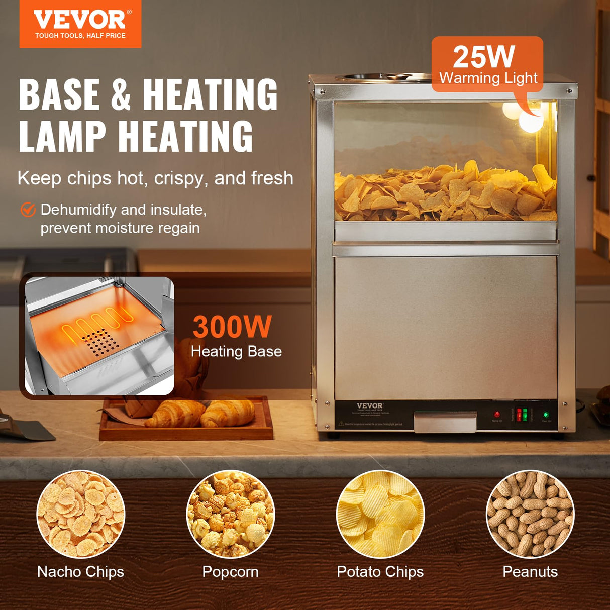 VEVOR Nacho Chip Warmer, 84.5QT Stainless Steel Machine with Warming Light, Deflection Board, for Popcorn, Potato Chips, Peanuts