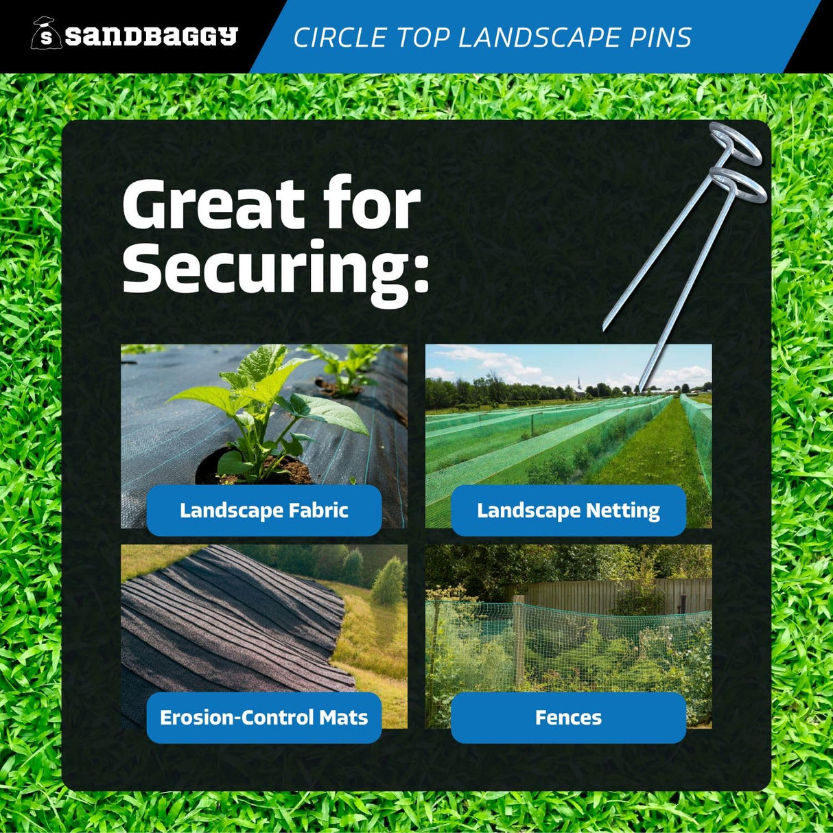 Sandbaggy 6-inch Circle Top Pins - Landscape Staples (Galvanized) - Garden Stakes for Landscaping, SOD - Heavy Duty Ground Stakes, Lawn Turf Spikes, Christmas Decorations, Weed Mats (100 Pins)