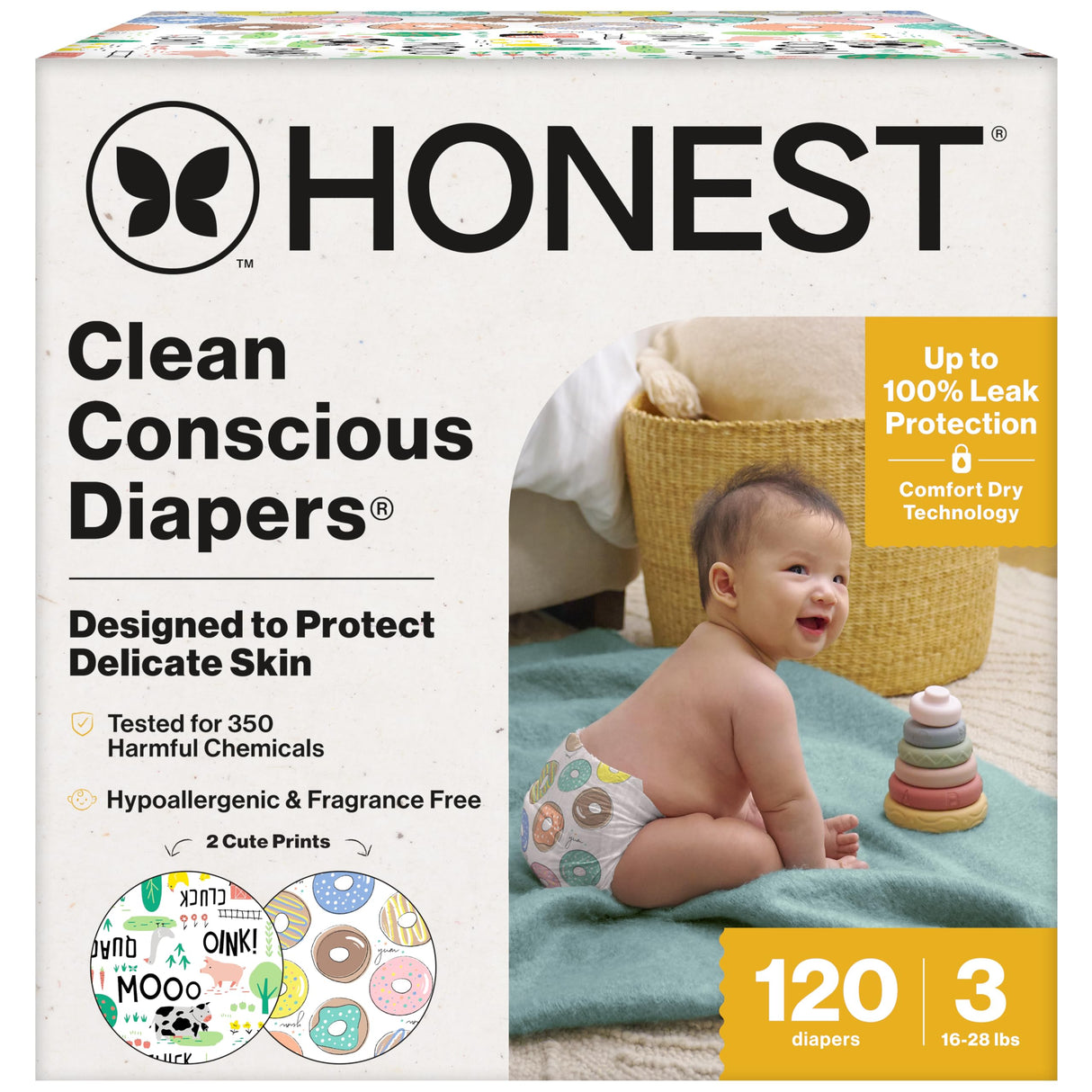 The Honest Company Clean Conscious Diapers for Sensitive Skin | Hypoallergenic, Fragrance Free | Gender Neutral Prints | Super Club Box, Size 3 (16-28 lbs), 120 Count (Prints May Temporarily Vary)