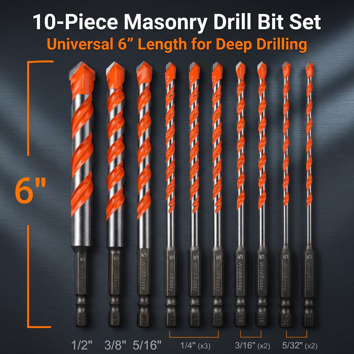 Concrete Carbide Drill Bits Hex Shank Masonry Cement Tile Drill Bit Set for Glass, Brick, Plastic, Cement and Tile, 5/32"-1/2" (10PCS)
