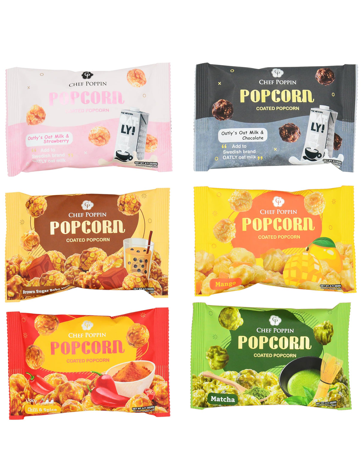 CHEF POPPIN Gourmet Flavored Popcorn, Non-GMO, Melody Box A (Matcha + Boba Tea + Mango + Chili + Chocolate Oat milk + Strawberry Oat milk), Variety Pack, .71 oz Each Bag