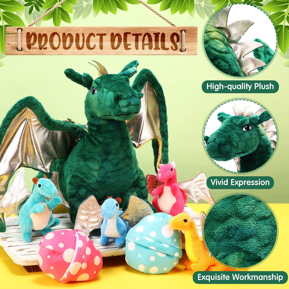 Deekin 7 Pcs Dragon Toy Set 16 Inch Large Dragon Stuffed Animal with 4 Baby Plush and 2 Eggs in Mommy's Belly Dinosaur Plushies Gifts for Boys Girls Birthday Christmas(Cute Style)