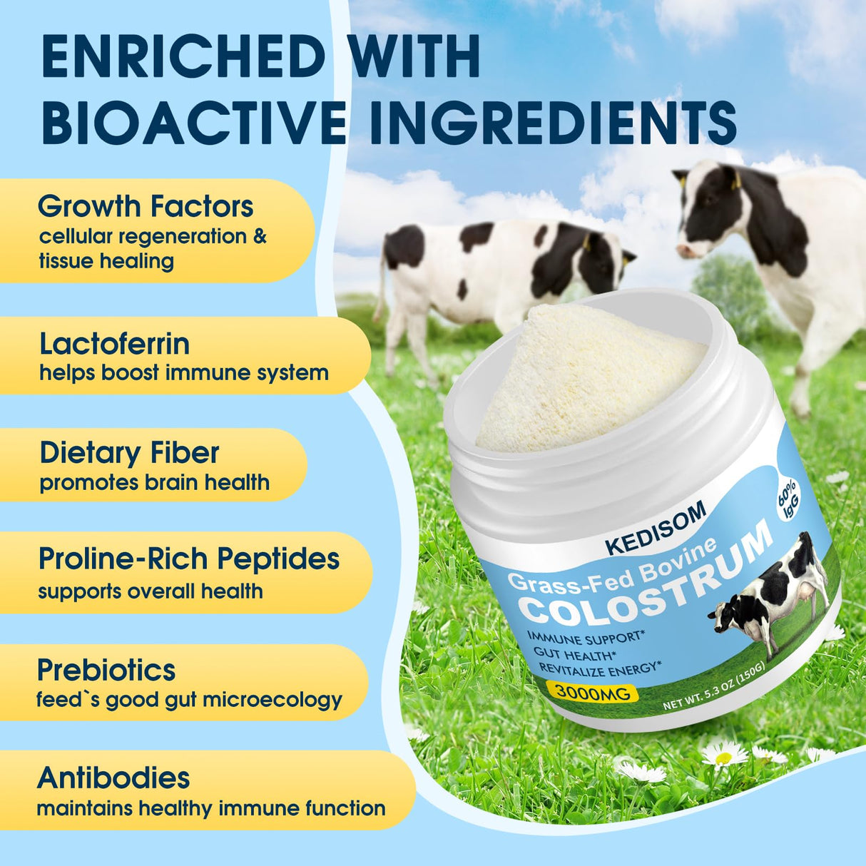 KEDISOM Grass-Fed Bovine Colostrum Supplement Powder - 60% High IgG 3000 mg for Gut Health, Immune Support - Easy to Mix Natural Liposomal Colostrum Superfood, Unflavored, 50 Servings