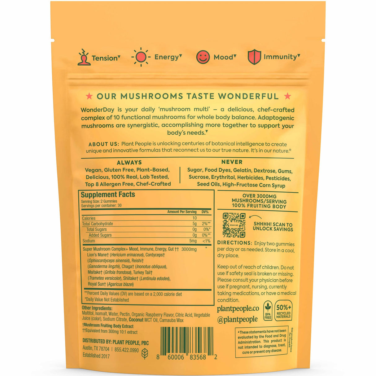 Plant People WonderDay Mushroom Gummies - Lion’s Mane, Cordyceps, Chaga Mushroom Supplement to Support Immune System De-Stress Boost Mood & Energy in Adults Natural, Vegan, Non-GMO (60 Count)