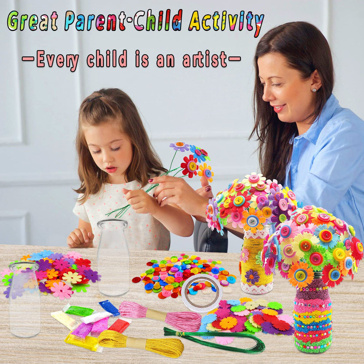 7july Crafts for Girls Ages 6-10 Make Your Own Flower Bouquet with Buttons and Felt Flowers, Vase Art and Craft for Children - DIY Activity Christmas Birthday Gift for Girls Age 6 7 8 9 10 Year Old
