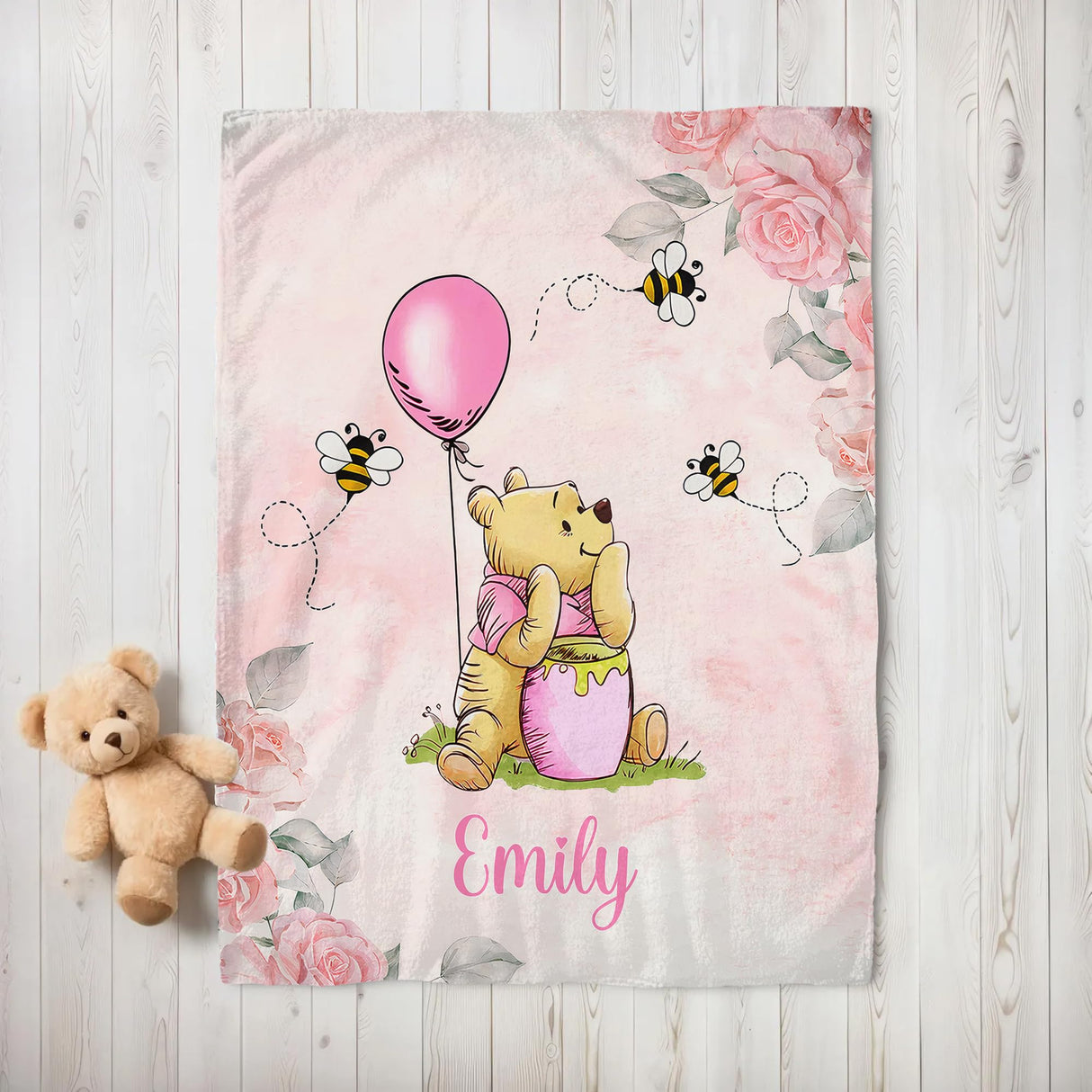 DUNITA Personalized Pooh Bear Blanket, Classic Winnie Blankets, Customized Baby Blankets for Girls Boy, Bear Throw Blanket, Pooh for Baby, Gift Birthday Christmas for Little Ones, Nursery Décor-01
