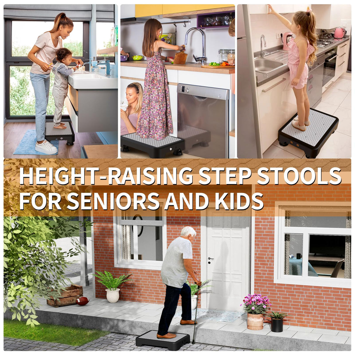 Ronlap One Step Stools for Adults, Portable Safety Step Platform for Seniors Small Plastic Bedside Step Stool Mobility Wide Step Stools Elderly Assistance for Shower Bed Car Stair Outdoor, Black-Gray