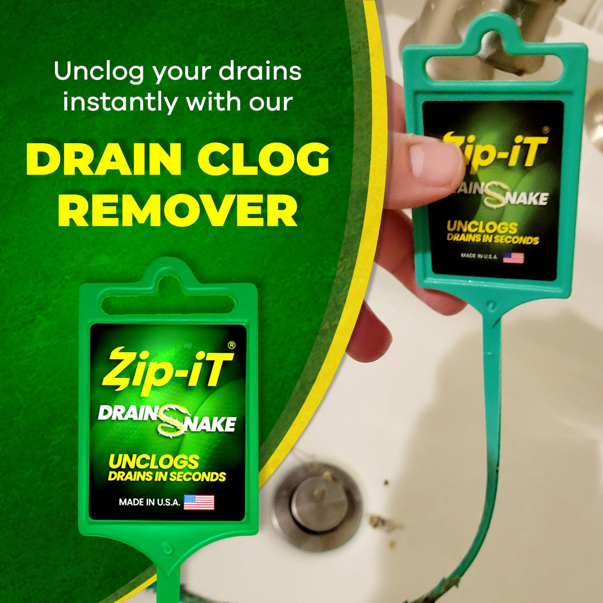 The original Zip-It Hair Clog Remover 25-inch Overall Length Drain Snake Cleaner (3-Pack), Unclog Your Sink, Shower, & Tub Drain In Seconds – Non-toxic, Made in the USA