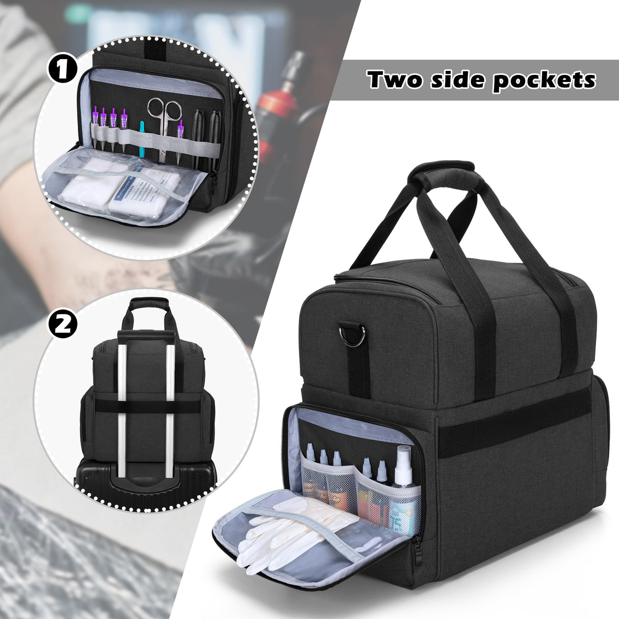 BAFASO Large Tattoo Case with 3 Inner Removable Pouches, Tattoo Travel Case for Large Tattoo Stencil Printer and Tattoo Supplies (Patented), Black