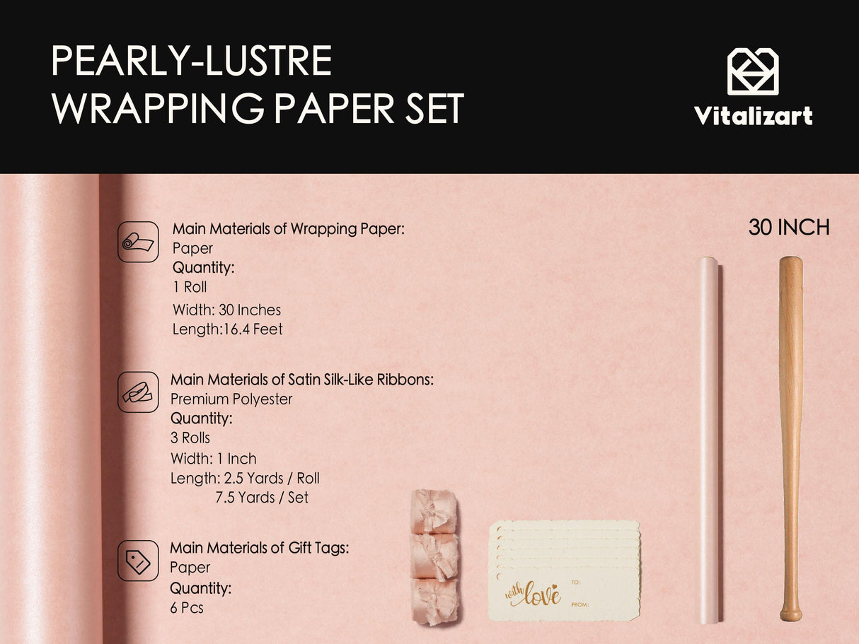 Vitalizart Pink Wrapping Paper Set 30" Pearly-Lustre With Silk Like Satin Ribbon & Gift Tags Recyclable Christmas Gift Wrapping Birthday Baby Shower Wedding Handmade Crafts 197"(16.4 Ft)