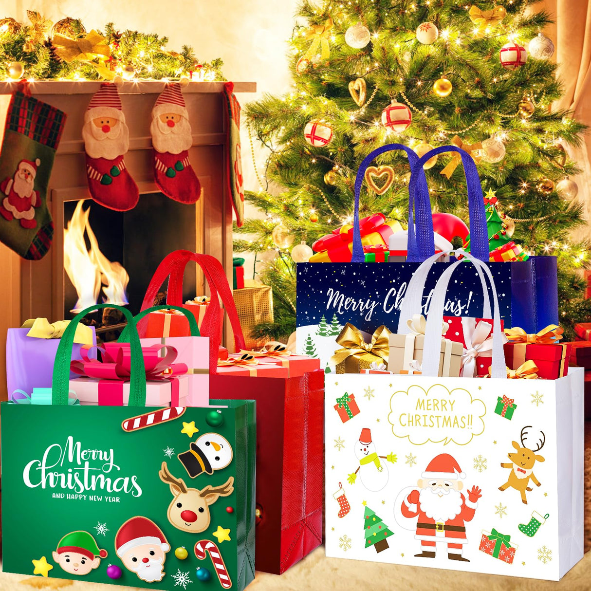 IPQXE 22 Pack Christmas Gift Bags Assorted Sizes- Reusable Tote Bags Non-Woven, Xmas Shopping Bags with Handles, for Christmas Treat Bags, Gifts Wrapping, Xmas Party Supplies 2 Large 8 Medium 12 Small