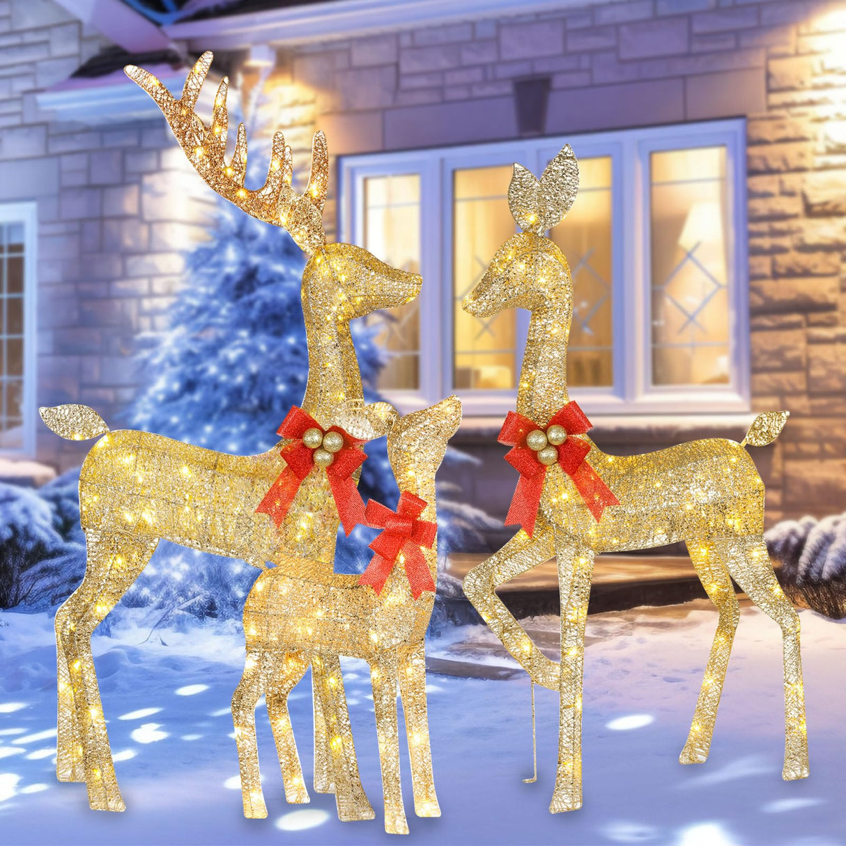 Lighted Christmas Decoration Deer 3 Piece, HOYECHI Light up Christmas Decor Reindeer Family Set for Indoor Outdoor Front Yard Porch with LED Lights, Plug, Ground Stakes - Gold