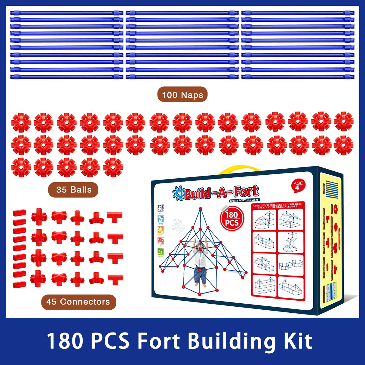 V-Opitos 180 Pack Fort Building Kits for Kids Age 4, 5, 6, 7, 8+ Years Old, Creative STEM Building Toys for DIY Castles, Tunnels, Play Tent, Ideal Christmas, Birthday Gifts for Boys & Girls