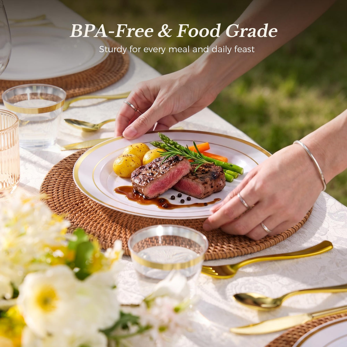 BESTVIP 600PCS Gold Dinnerware Set for 100 Guests,
