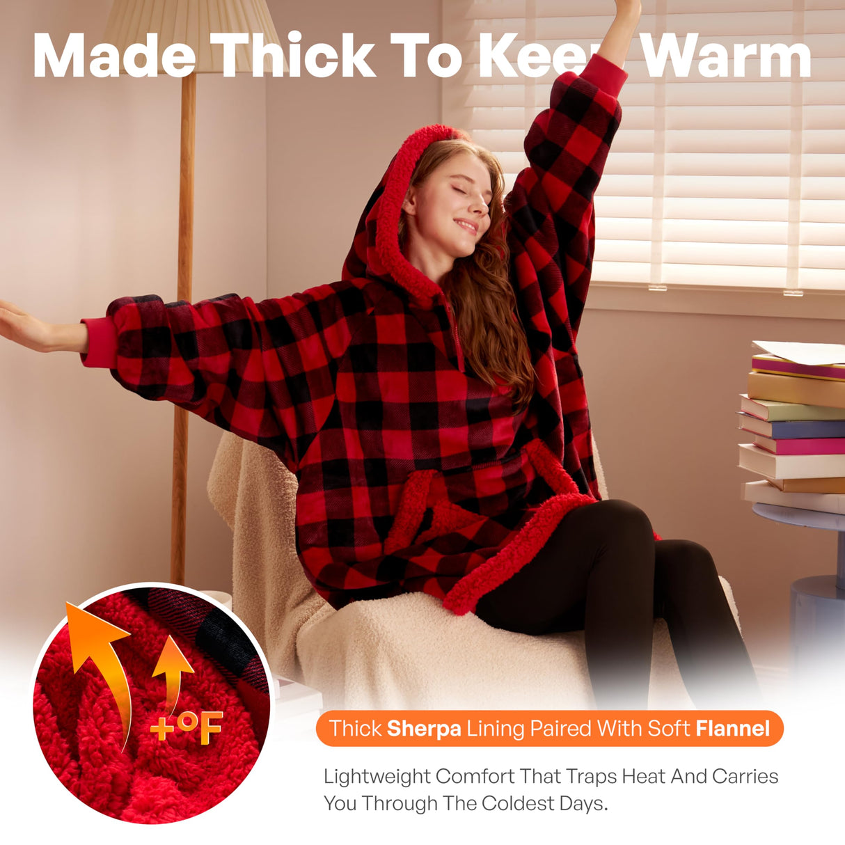 Giggling Getup Wearable Blanket Hoodie for Adults Gifts for Teen Girls Sister Women Sherpa Fleece Printed Hooded Blanket Sweatshirt Warm Cozy with Pocket & Sleeves Red and Black Plaid