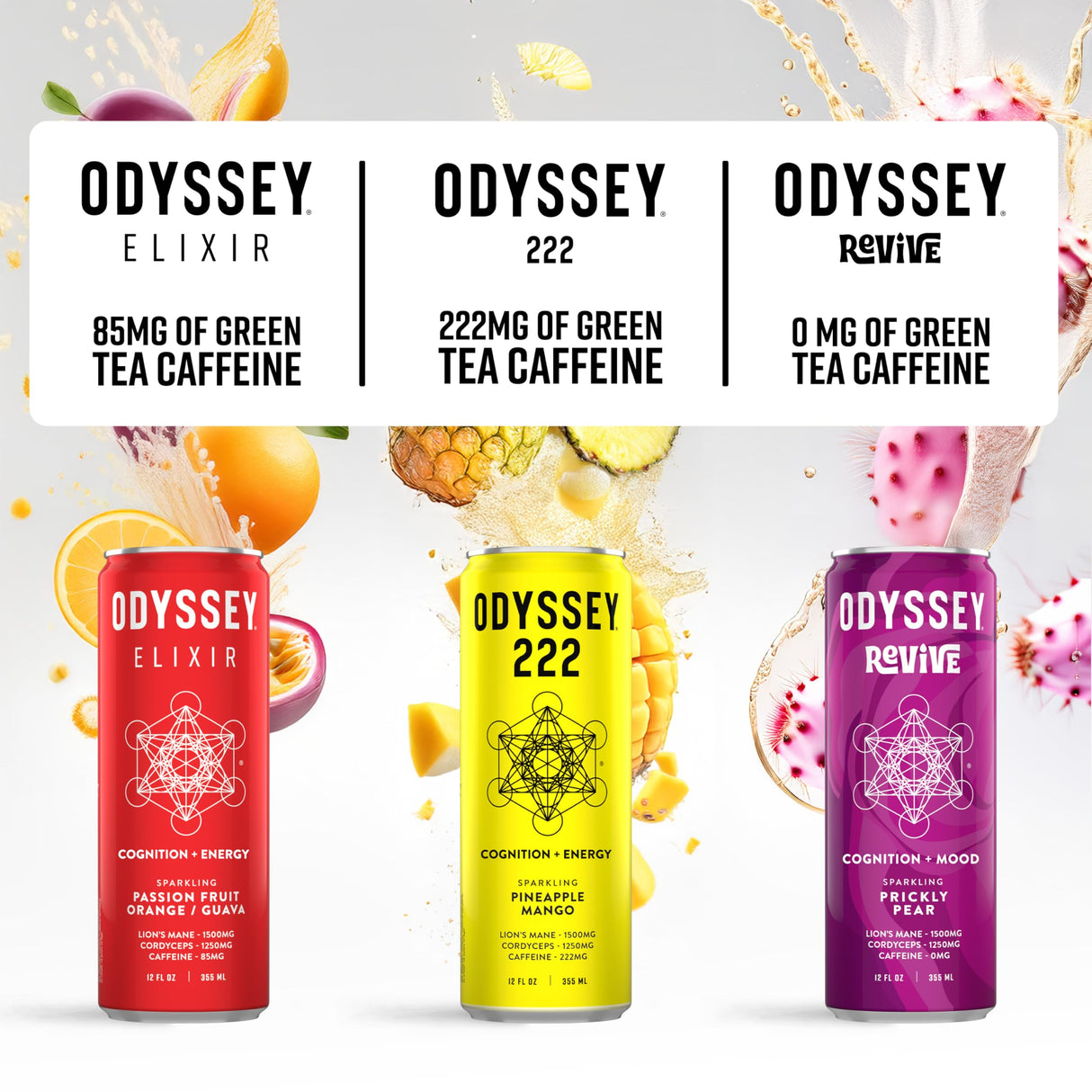 Odyssey Revive Sparkling Hydration Drink w/L Theanine, Lions Mane, Cordyceps and Electrolytes, Caffeine Free Natural Energy Drinks, Vegan, Non-GMO, Yuzu Lime Flavor, 12 Fl oz, 12 Pack