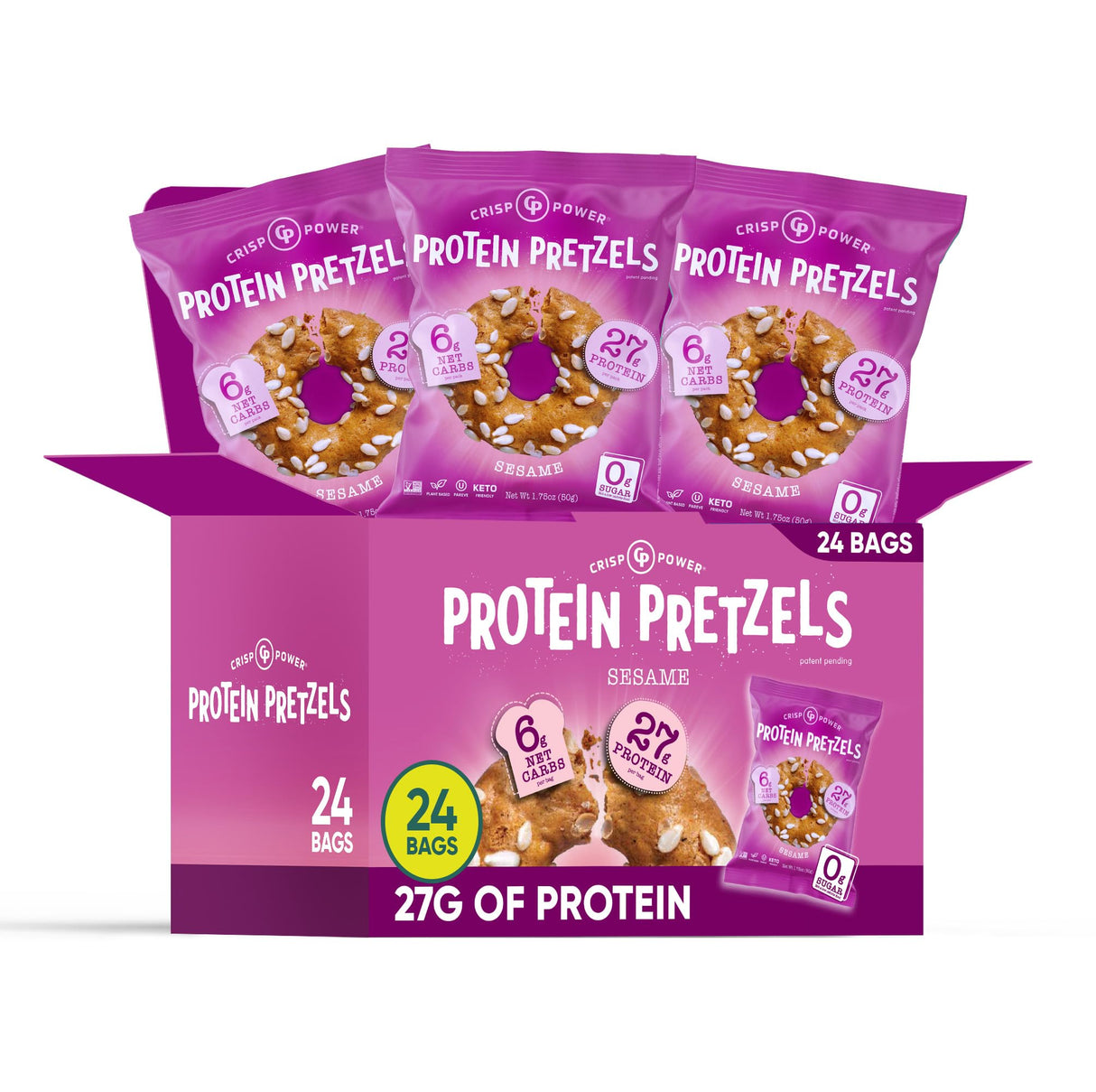 Crisp Power Protein Pretzels, Sesame, High Protein Vegan Keto Snack, 27 G Plant Based Protein, Low Carb Crunchy Pretzel Snacks, Sugar Free, No Seed Oils, 1.75 oz Bags, 24 Pack