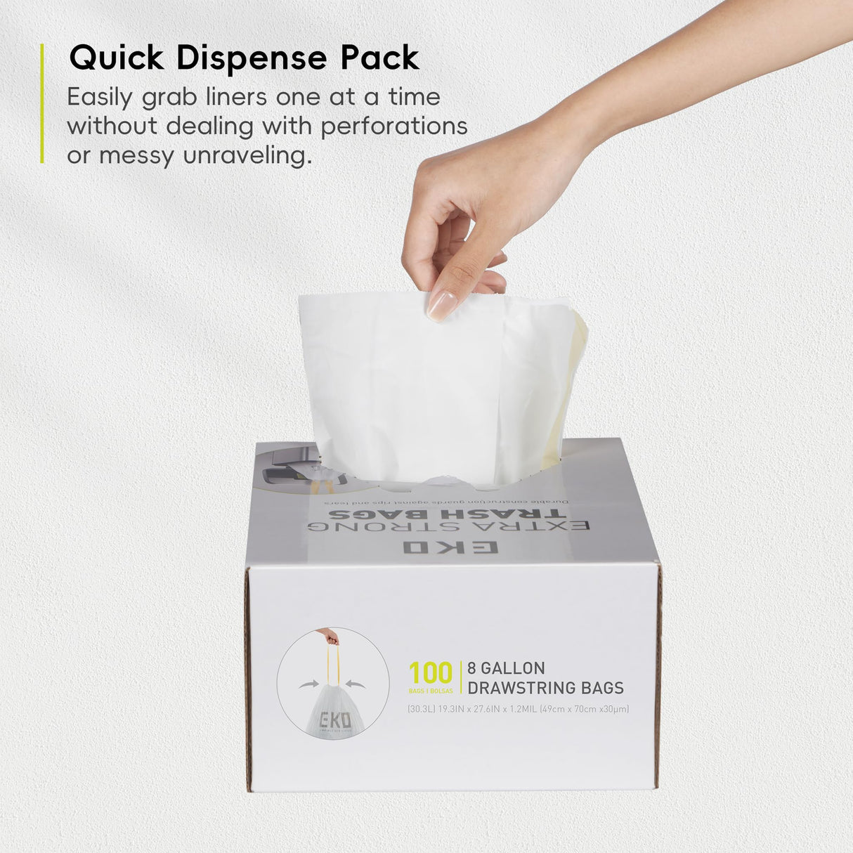 EKO 8 Gallon Trash Bags Drawstring 1.2 Mil - 100 Count White Medium Garbage Bags Unscented, 30 Liter Plastic Kitchen Trash Bags with Easy-Dispense, Code F-1