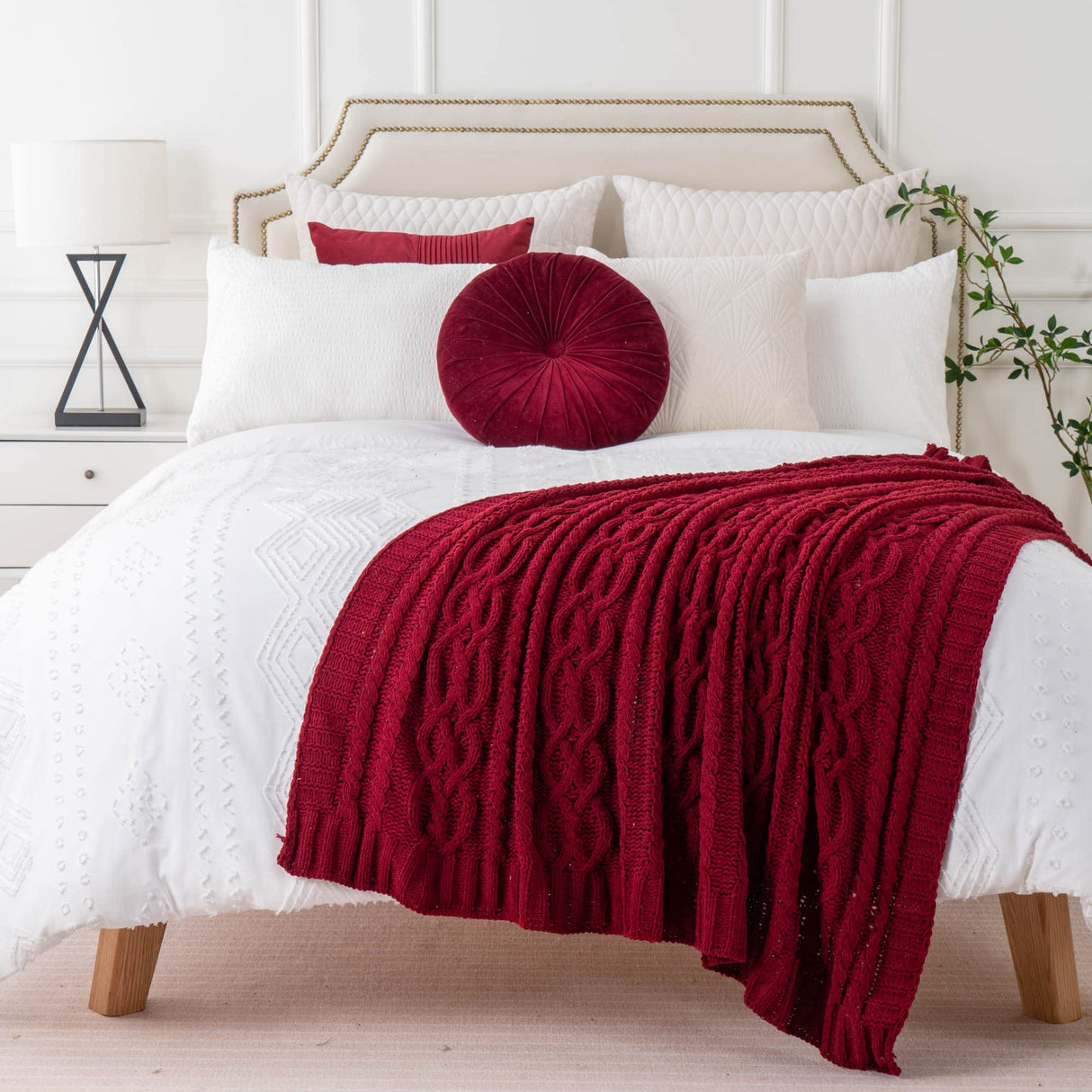 Battilo Christmas Dark Red Throw Blanket for Couch, Bed, Sofa, 51"x67", Woven Chenille Knit Throw Blankets, Gift Blanket, Cozy Warm Decorative Textured Throw Blanket for Living Room