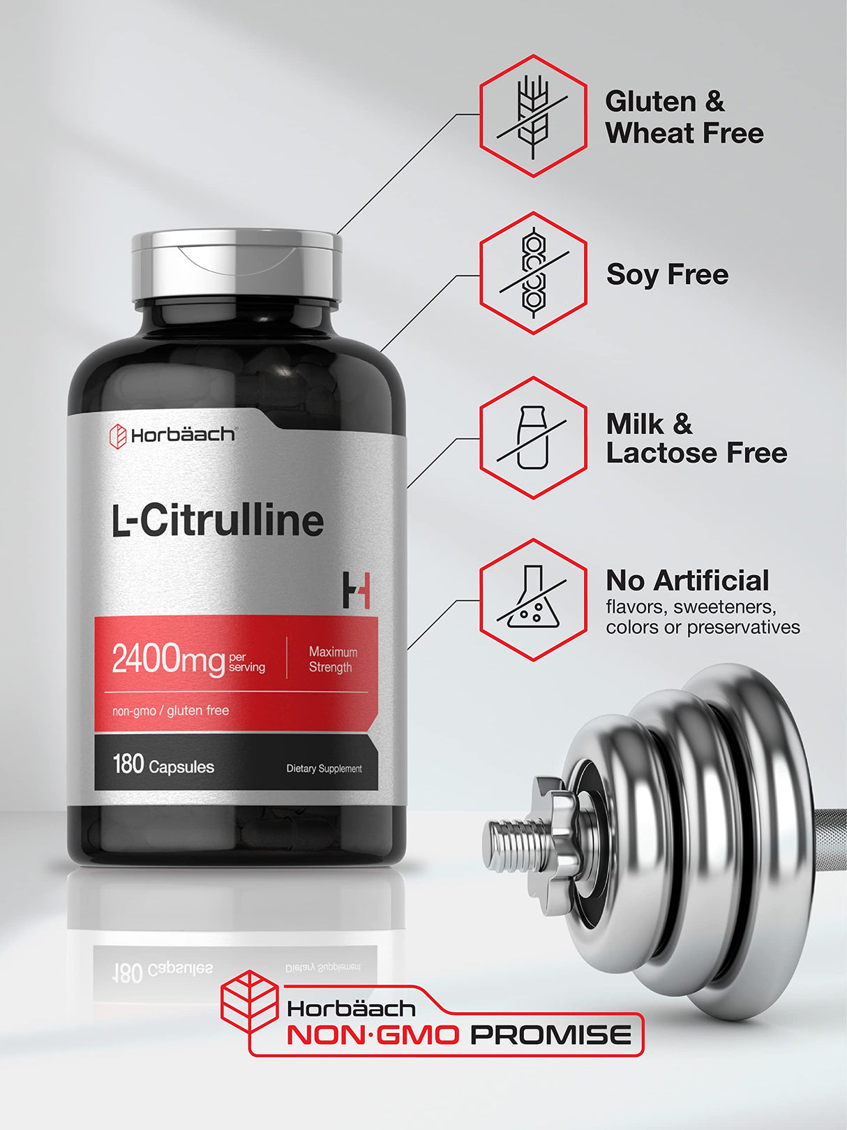 Horbaach L Citrulline Supplement for Men and Women | 2400 mg | 180 Capsules | Maximum Strength and Free Form | Non-GMO, Gluten Free