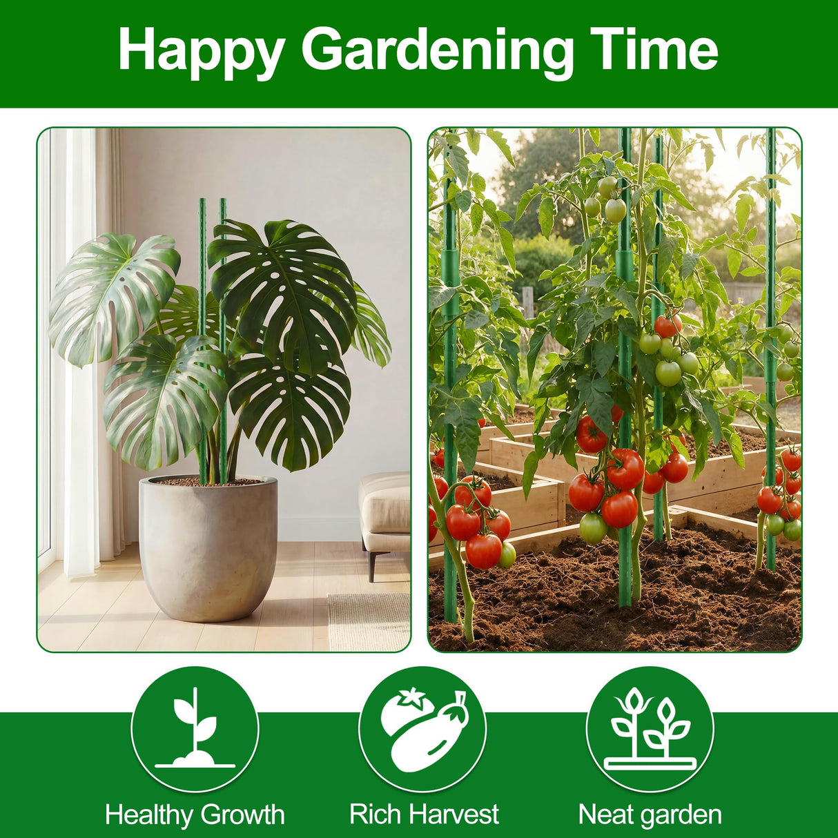 WAENLIR Garden Stakes16 Inch 48 Pack, Tomato cage DIY 4ft 5ft 6ft 7ft 8ft Plant Support Stakes with Connectors and Clips, Plastic Coated Metal Sticks for Tomato Indoor Outdoor