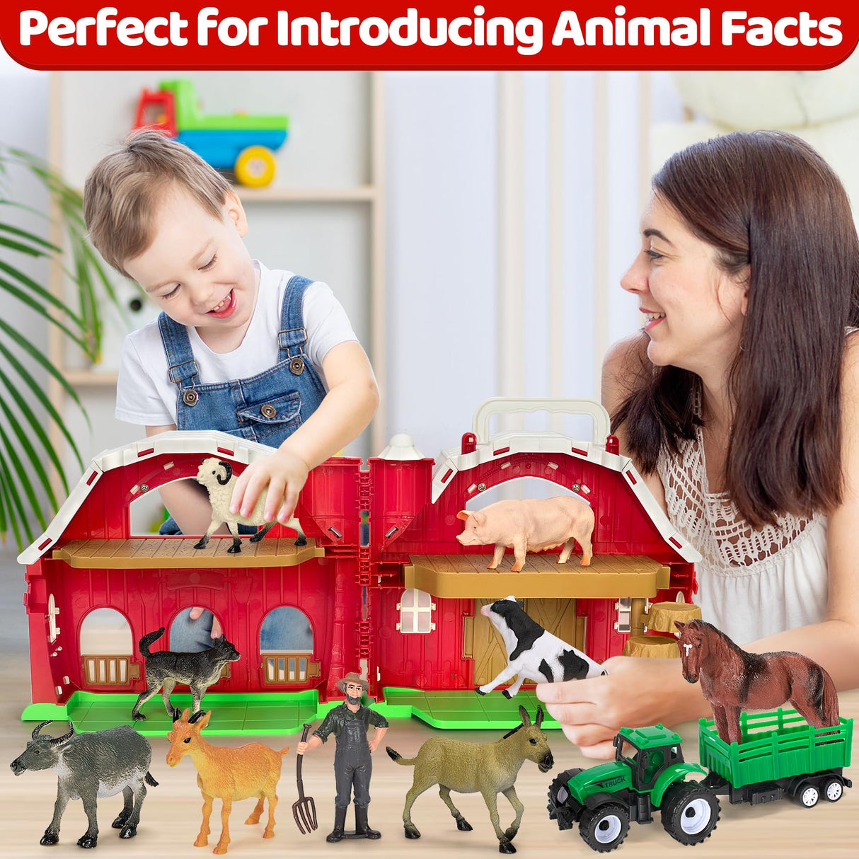 Farm Animals Toys for 1 2 3 4 5 Year Old Toddlers Girls Boys, Big Red Barn Farm Playset with Figures Animals and Tractor Toy for Kids 3-5, Educational Learning Toys, Christmas Birthday Easter Gifts