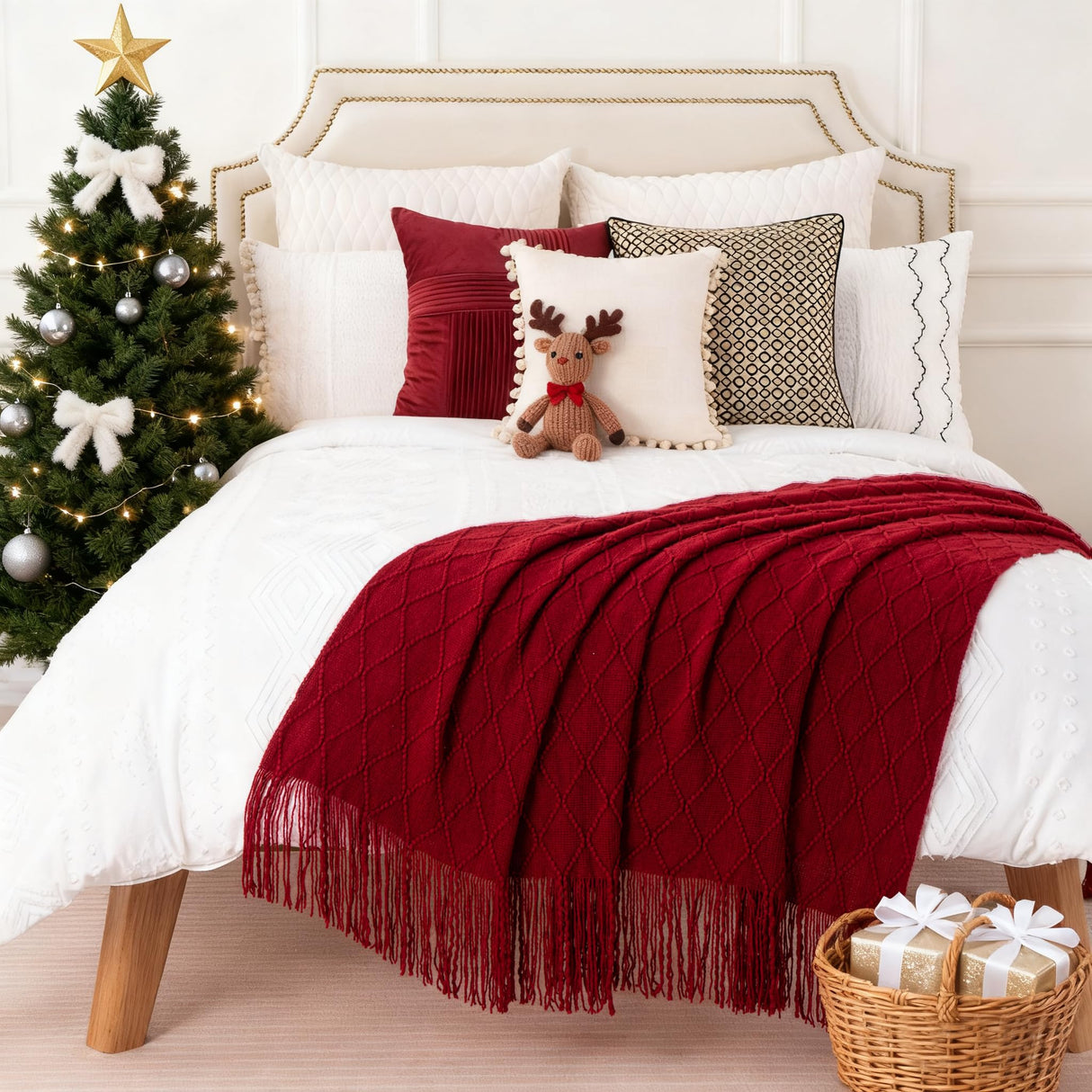 BATTILO HOME Christmas Decor Red Throw Blanket for Couch, Boho Bed Throws for Foot of Bed, Decorative Red Throws for Sofa Living Room, 50"x60"