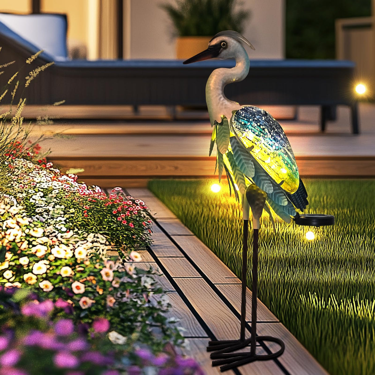 HONGLAND Solar Heron Metal Crane Statue Garden Heron Sculpture, Glass Outdoor Crane Yard Art Coastal Ocean Bird Decor 24 Inch Lawn Ornament for Backyard Porch Patio Decor(Green)