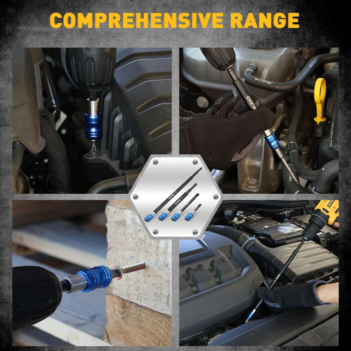 4-Piece 2", 4", 6", 12" Drill Bit Extension Set, Magnetic Screwdriver Bit Holder Extender with Aluminum Sleeve, 1/4 Inch Hex Shank Quick Release Extension Adapter, Durable CR-V Steel