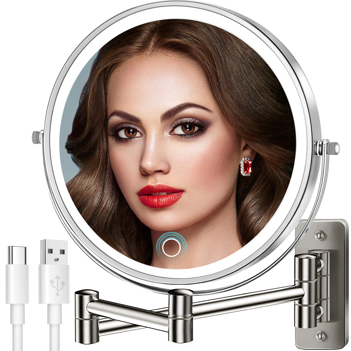 9" Large 15X Rechargeable Wall Mounted Lighted Makeup Mirror Nickel, 5000mAh HD Magnifying Mirror with 3 Color Bright Lights Touch Screen Dimmable, 17" Extendable 360° Swivel Bathroom Vanity Mirror
