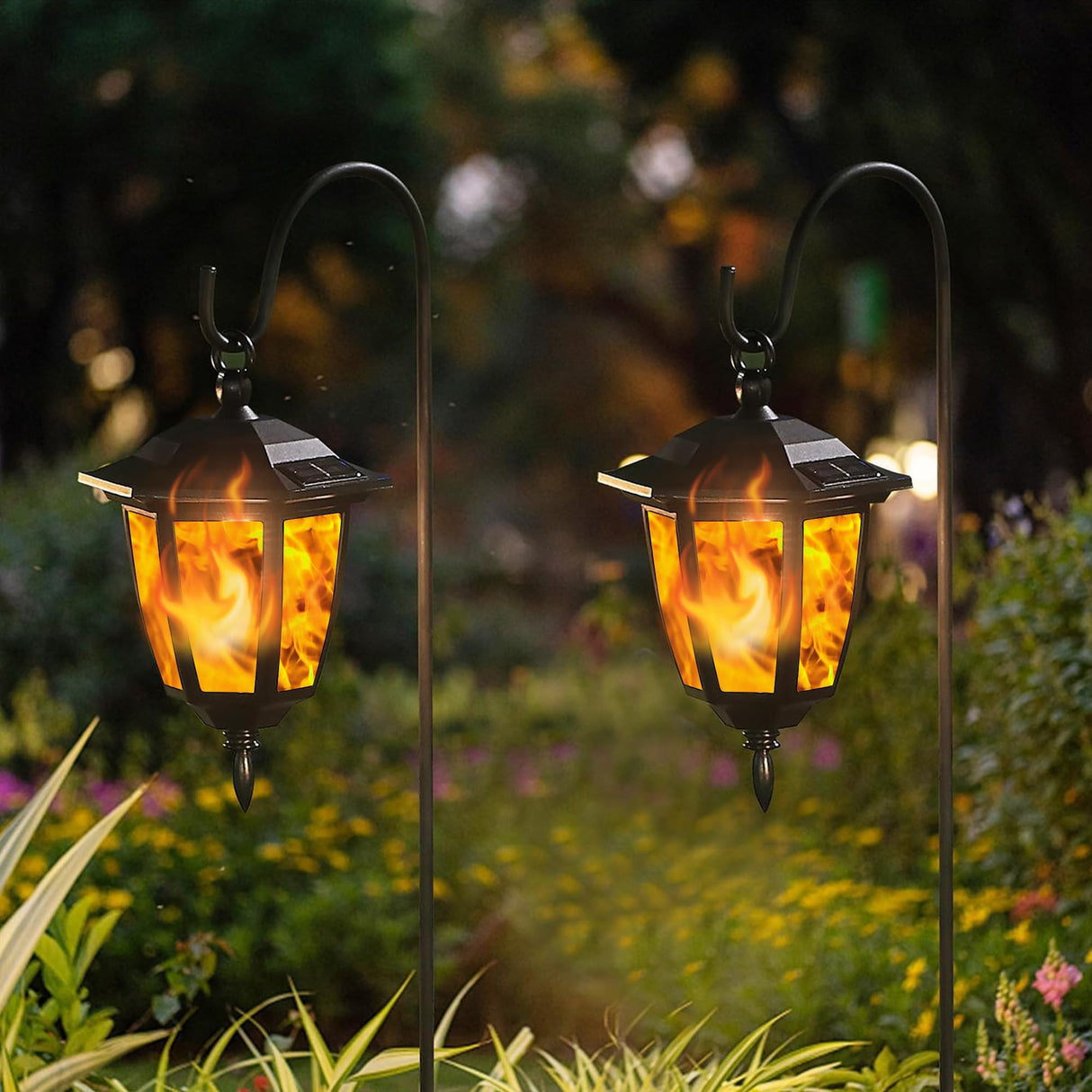 Dynaming 2 Pack Solar Flame Hanging Lights Outdoor, Halloween Solar Flickering Flame LED Garden Lanterns with 2 x 38 Inch Shepherd Hooks, Christmas Lighting for Lawn Patio Yard Pathway Driveway