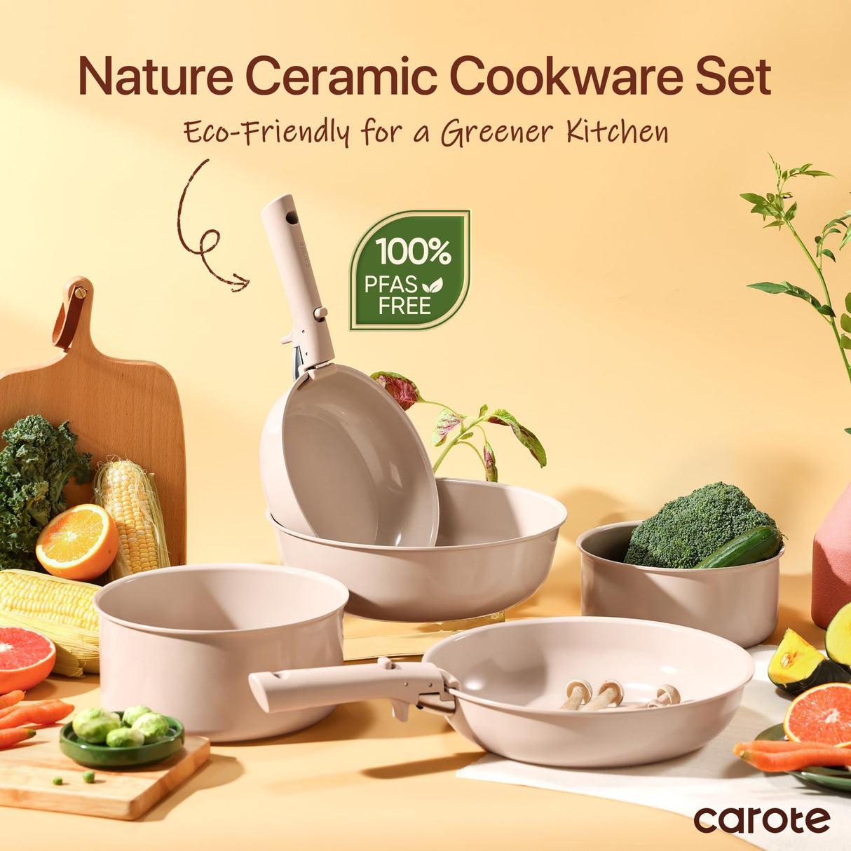 CAROTE 15pcs Ceramic Cookware Set, Pots and Pans Set Non Stick, Induction Kitchen Casserole Sets, Non Stick RV Set with Detachable Handle, Dishwasher/Oven Safe, Taupe