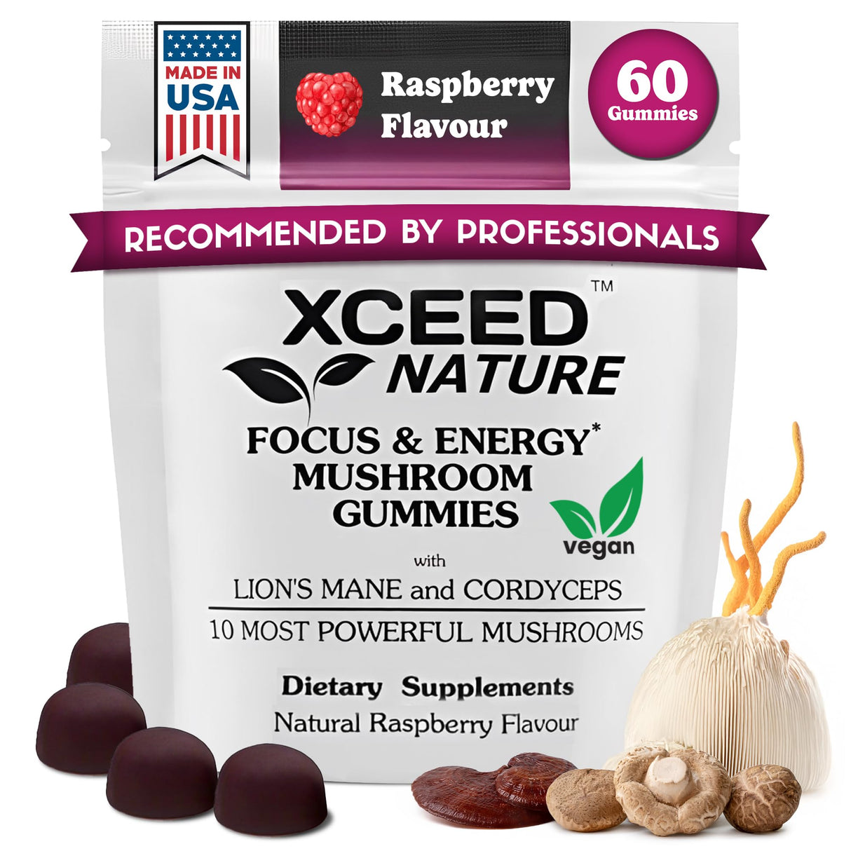 XCEED NATURE Lions Mane & Cordyceps Mushroom Gummies - 10in1 Supplement - for Focus, Energy, Mood, Memory & Clarity - 60 Pcs