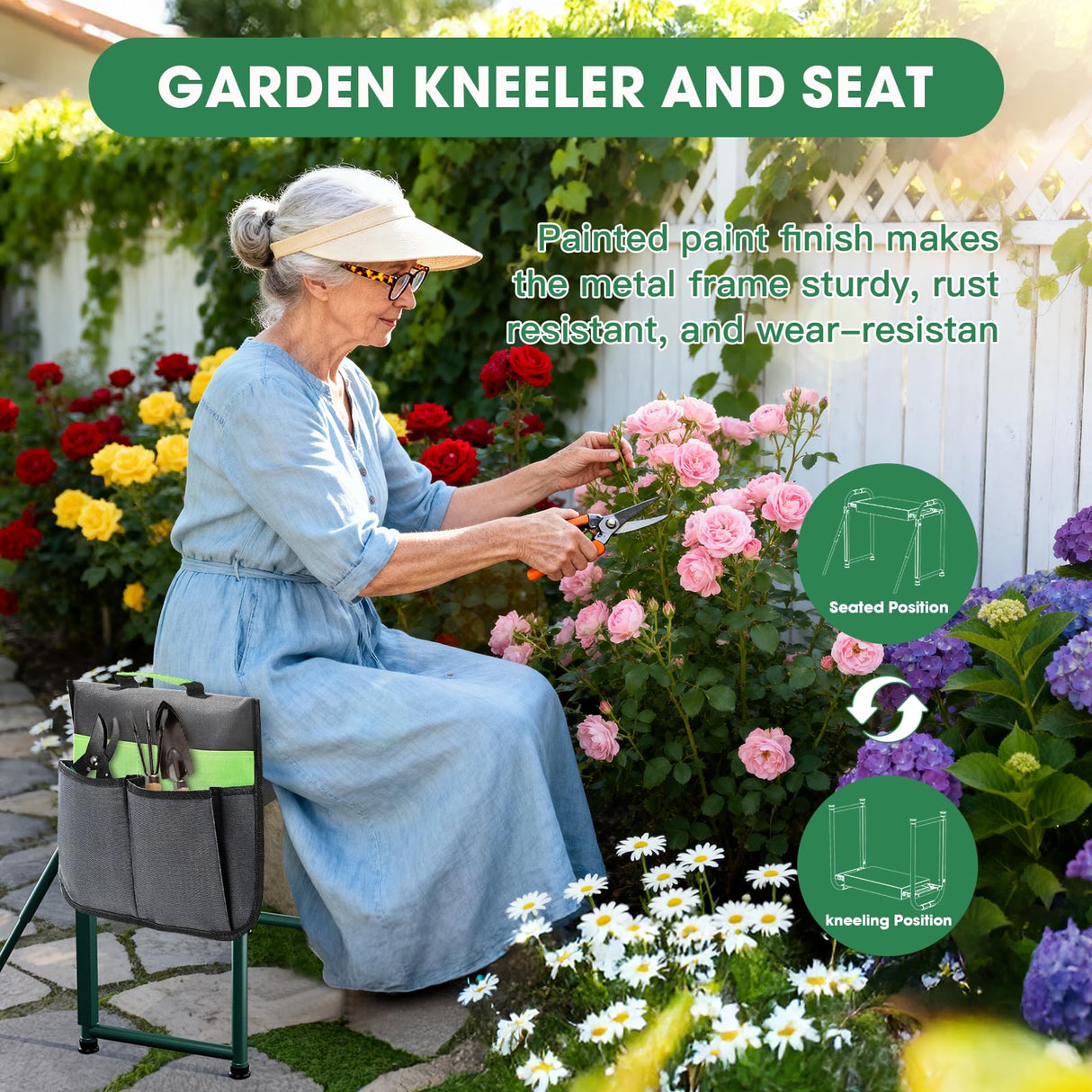 Onadak Heavy Duty Garden Kneeler & Seat with Support Legs, 400lbs Capacity Foldable Gardening Stool, Extra Thick Pad & Large Tool Organizer Bag, Ergonomic for Seniors - Dark Green