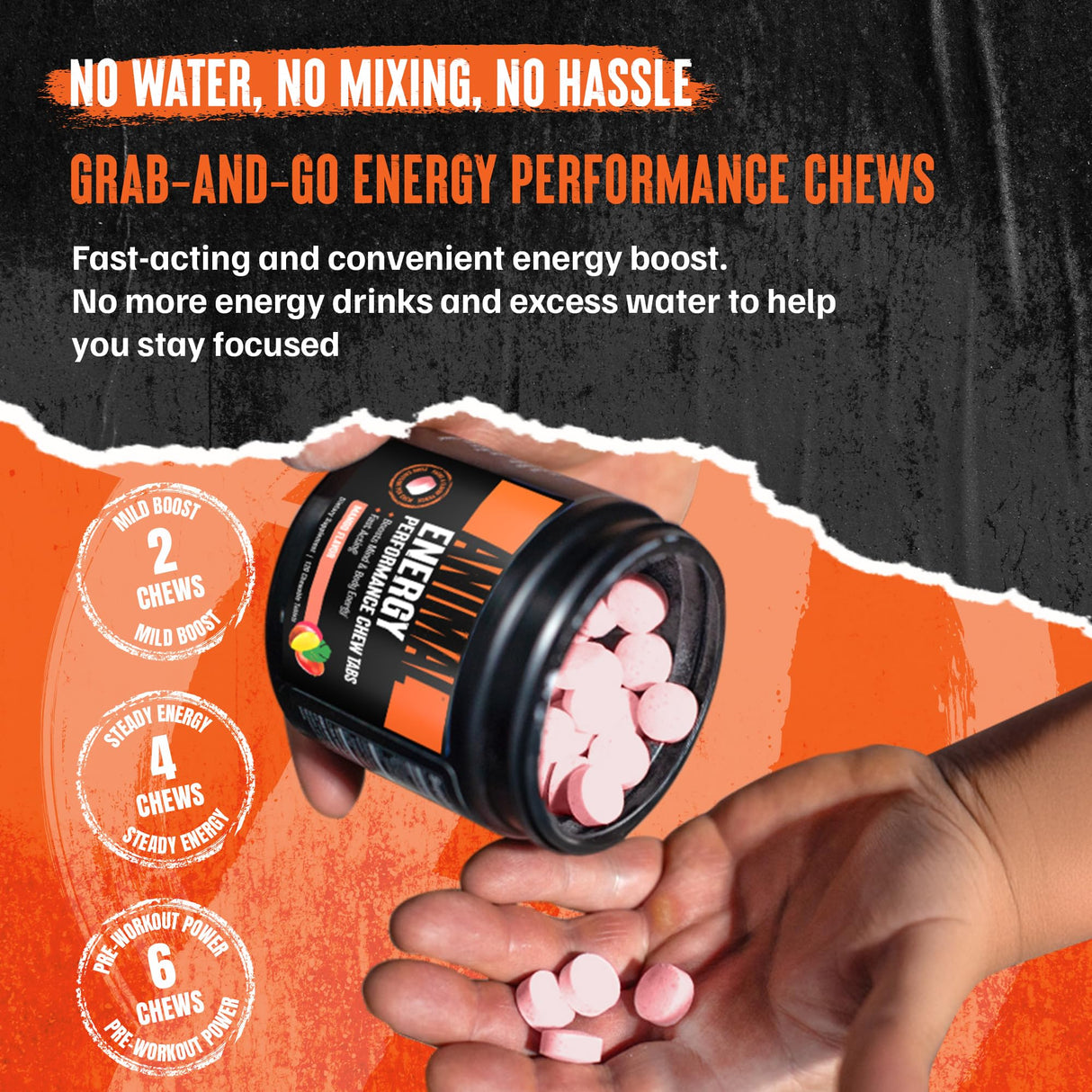 Animal Energy Chews, Fast Acting Energy with Caffeine, Nootropics and Sea Salt for Focus and Pre Workout - Convenient and Delicious Chews Format - Mango