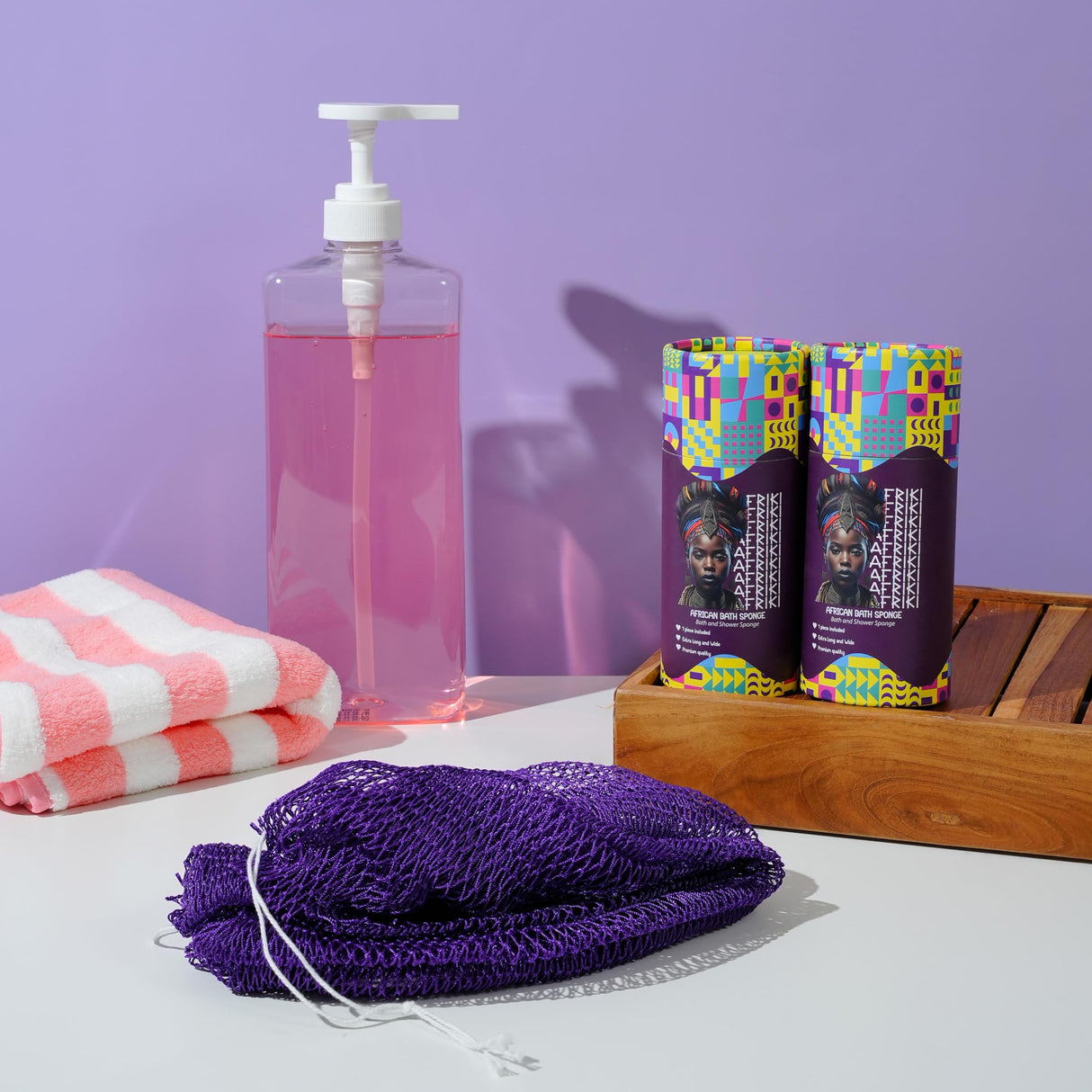 AFRIKI African Net Sponge, Authentic African Exfoliating Sponge, Black Owned, Back Scrubber, 45 inch Long for Normal to Sensitive Skin, for Daily use, Original Collection