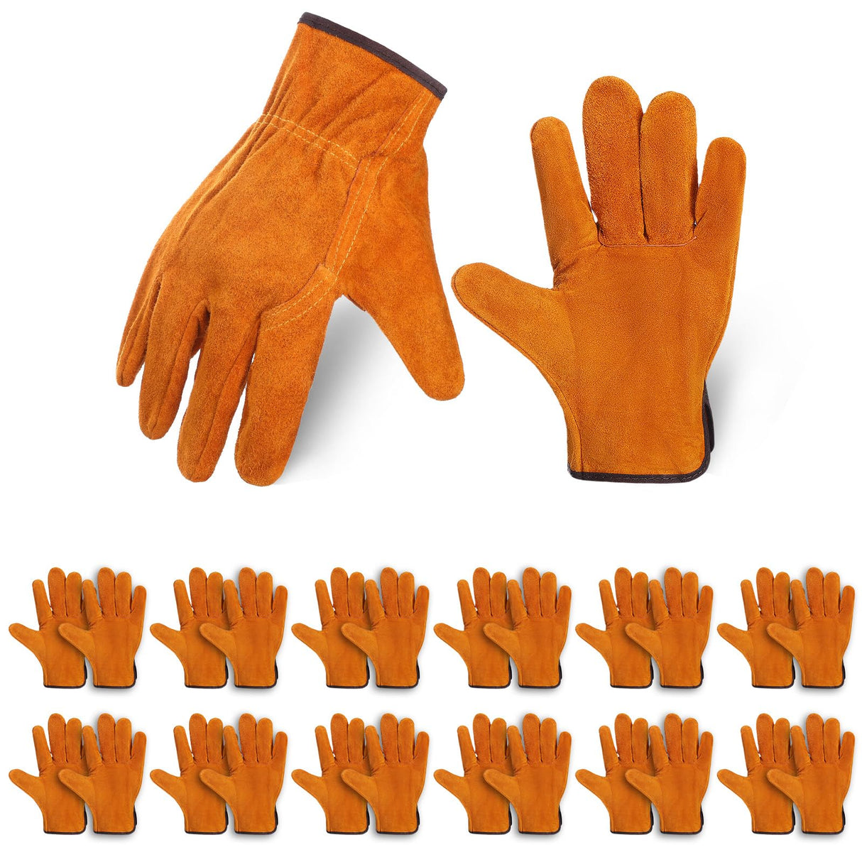 12 Pairs Leather Work Gloves Cowhide Leather Gardening Gloves with Reinforced Palm and Elastic Band, Thick Leathers Glove for Men Women Construction, Wood Cutting, Driving, Automotive Repair (Yellow)