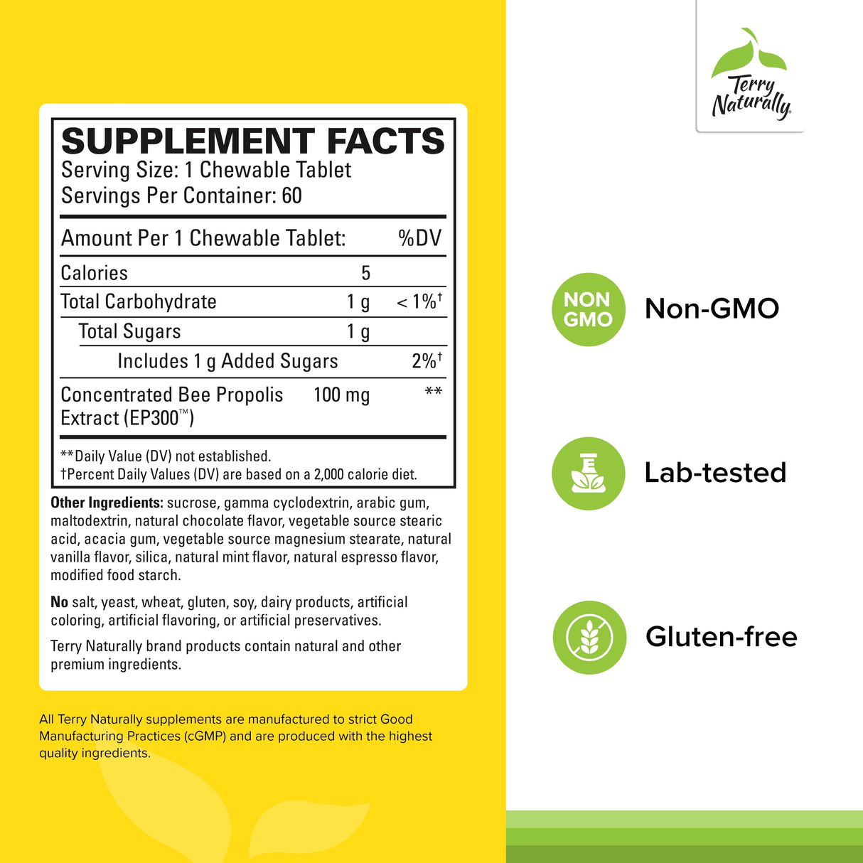 Terry Naturally Propolis Extract EP300 - Upper Respiratory & Immune System Support Supplement - Child & Adult Supplement with Bee Propolis Extract - 60 Capsules