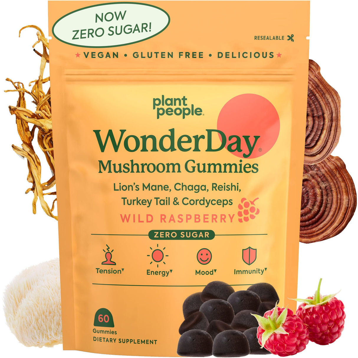 Plant People WonderDay Mushroom Gummies - Lion’s Mane, Cordyceps, Chaga Mushroom Supplement to Support Immune System De-Stress Boost Mood & Energy in Adults Natural, Vegan, Non-GMO (60 Count)