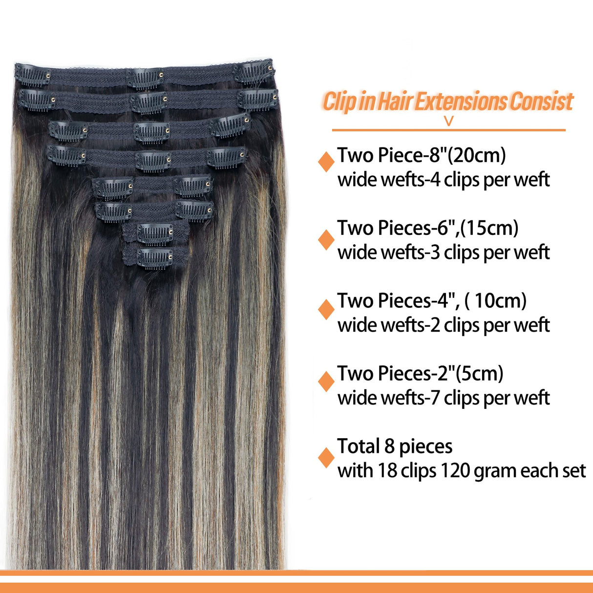 FB27 Balayage Clip In Hair Extensions Real Human Hair Straight Ombre Clip In Black to Blonde Human Hair Extensions Highlight Clip ins Remy Hair for Women 8Pcs with 18Clips Lace Weft 120g 18inch