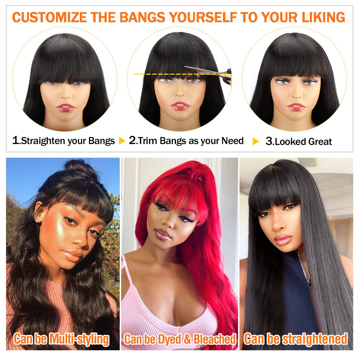 Human Hair Wigs with Bangs Body Wave Bang Wigs for Black Women Human Hair 150% Density Brazilian Glueless None Lace Front Wig Human Hair Natural Color(16 Inch, Body Wave)