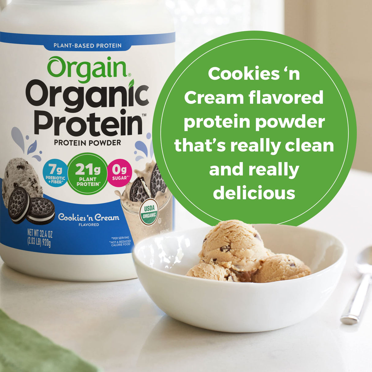 Orgain Organic Vegan Protein Powder, Cookies 'n Cream - 21g of Plant Based Protein, Low Net Carbs, Gluten Free, Lactose Free, No Sugar Added, Soy Free, Kosher, Non-GMO, 2.03 Lb