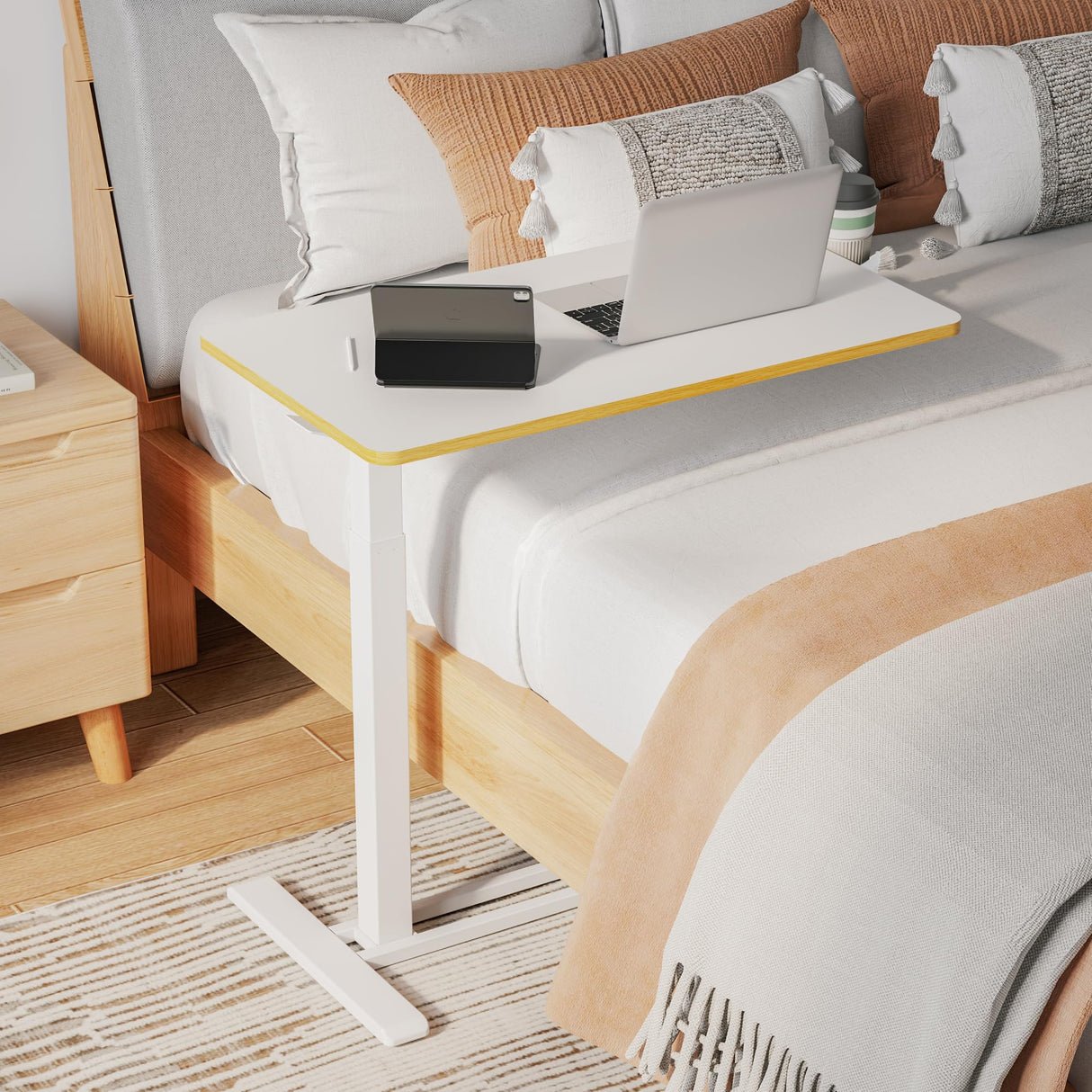 SANODESK Medical Adjustable Overbed Bedside Table with Hidden Casters, Pneumatic Mobile Laptop Computer Standing Desk Cart with Tray, Hospital and Home Use(31.5" W x 17.7" D, White)